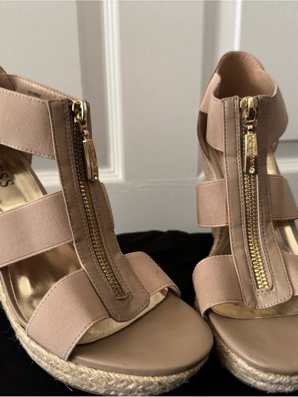Guess Blush Beige Espadrille Wedge Sandals with Gold Zipper